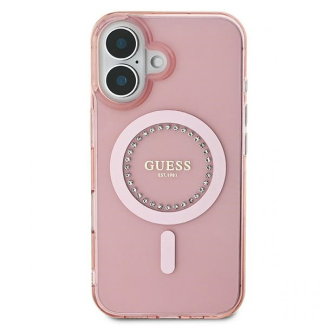 Guess iPhone 16 Plus - IML Rhinestones - MagSafe Σκληρή Θήκη με Πλαίσιο Σιλικόνης - Pink - GUHMP16MPFTDTEP