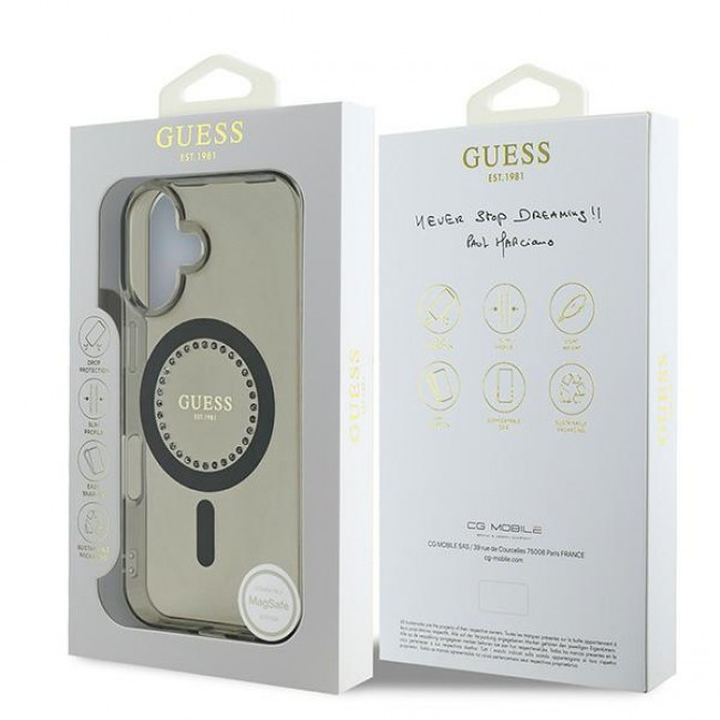 Guess iPhone 16 - IML Rhinestones - MagSafe Σκληρή Θήκη με Πλαίσιο Σιλικόνης - Black - GUHMP16SPFTDTEK