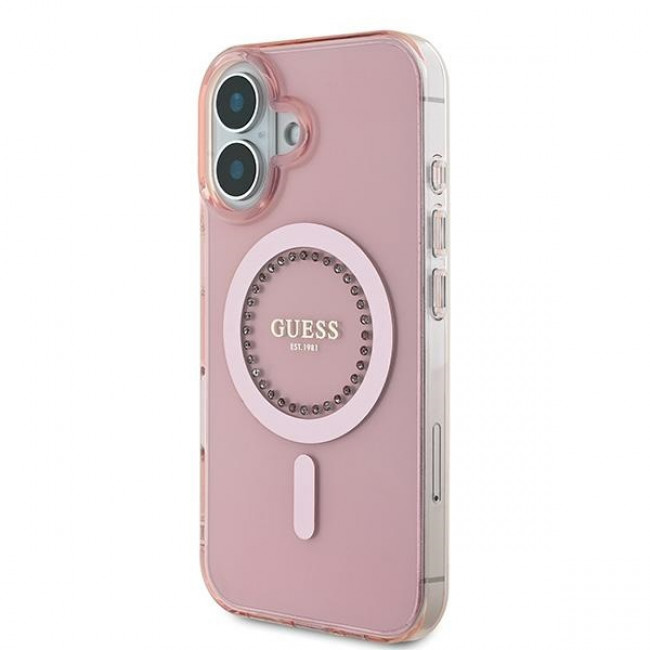 Guess iPhone 16 - IML Rhinestones - MagSafe Σκληρή Θήκη με Πλαίσιο Σιλικόνης - Pink - GUHMP16SPFTDTEP