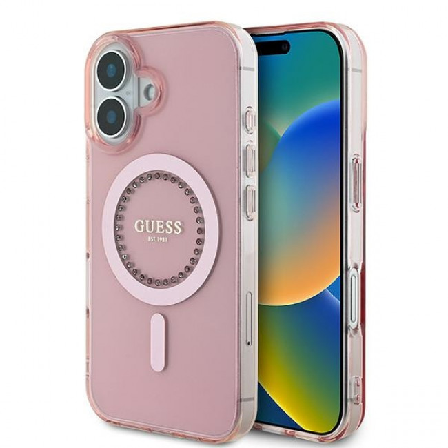 Guess iPhone 16 - IML Rhinestones - MagSafe Σκληρή Θήκη με Πλαίσιο Σιλικόνης - Pink - GUHMP16SPFTDTEP