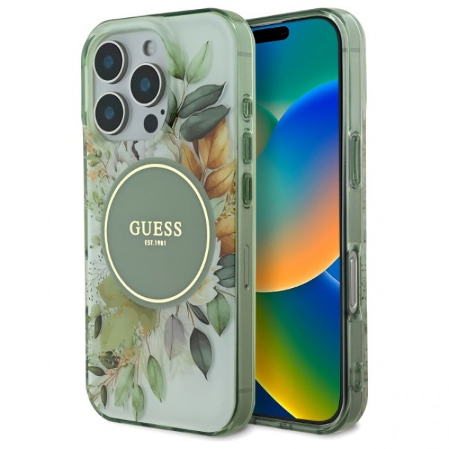 Guess iPhone 16 Pro - IML Flower and Tonal Circle - MagSafe Σκληρή Θήκη με Πλαίσιο Σιλικόνης - Green - GUHMP16LHFWBDCEN