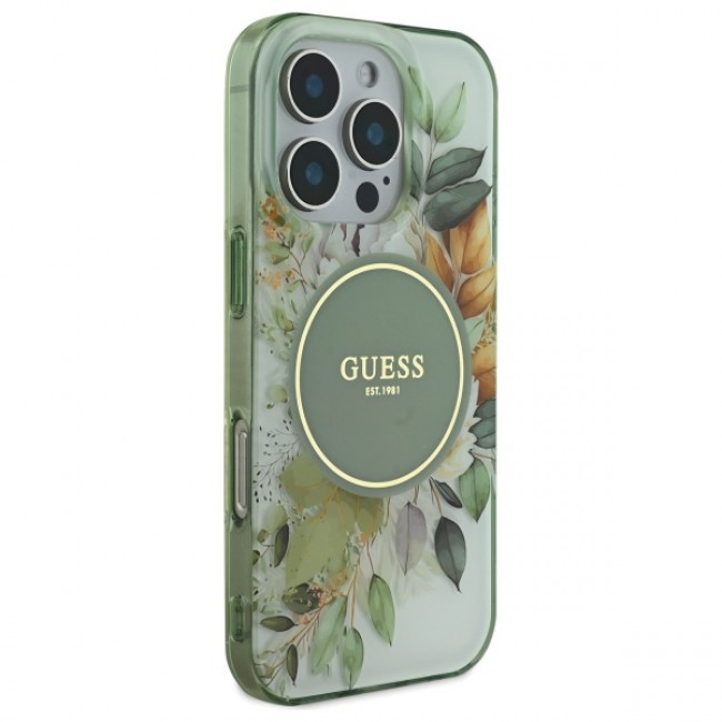 Guess iPhone 16 Pro - IML Flower and Tonal Circle - MagSafe Σκληρή Θήκη με Πλαίσιο Σιλικόνης - Green - GUHMP16LHFWBDCEN