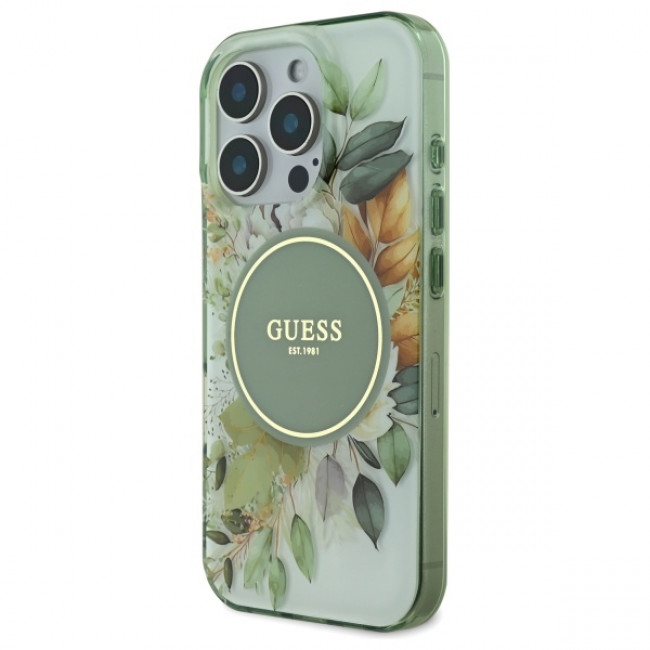 Guess iPhone 16 Pro - IML Flower and Tonal Circle - MagSafe Σκληρή Θήκη με Πλαίσιο Σιλικόνης - Green - GUHMP16LHFWBDCEN