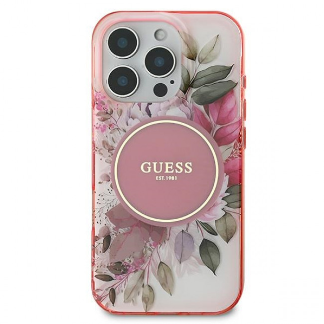 Guess iPhone 16 Pro - IML Flower and Tonal Circle - MagSafe Σκληρή Θήκη με Πλαίσιο Σιλικόνης - Pink - GUHMP16SHFWBDCEP