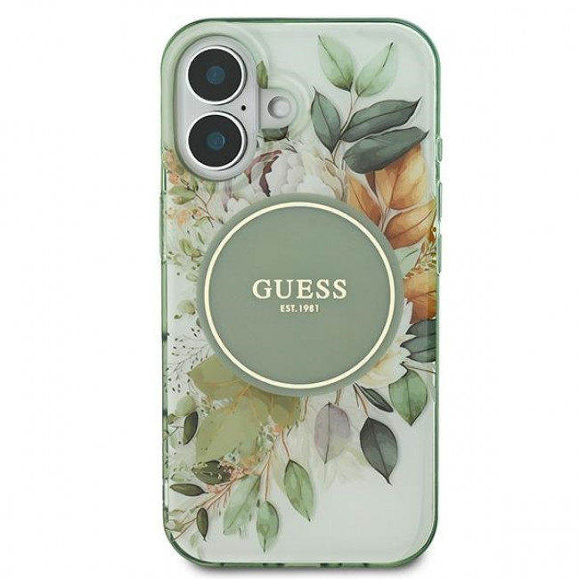 Guess iPhone 16 Plus - IML Flower and Tonal Circle - MagSafe Σκληρή Θήκη με Πλαίσιο Σιλικόνης - Green - GUHMP16MHFWBDCEN