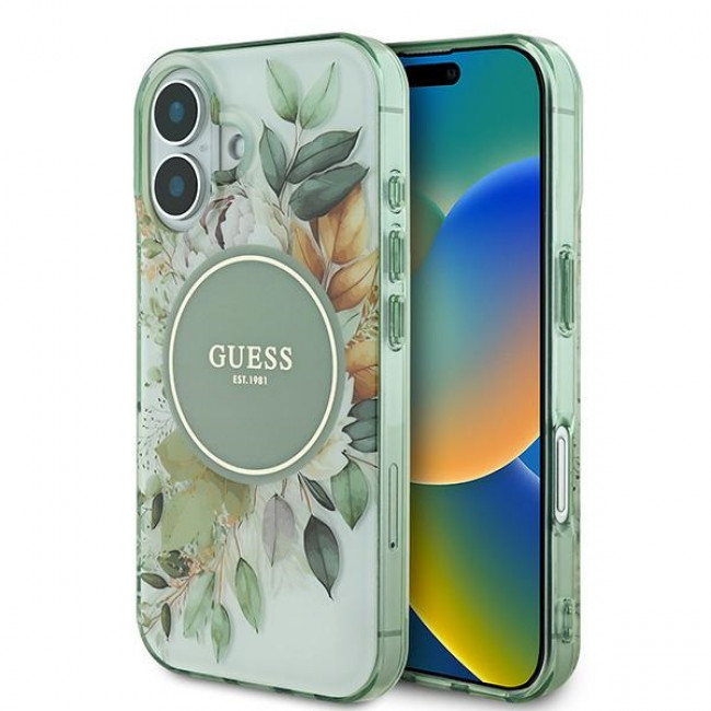 Guess iPhone 16 Plus - IML Flower and Tonal Circle - MagSafe Σκληρή Θήκη με Πλαίσιο Σιλικόνης - Green - GUHMP16MHFWBDCEN