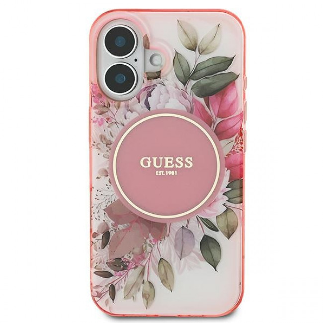 Guess iPhone 16 Plus - IML Flower and Tonal Circle - MagSafe Σκληρή Θήκη με Πλαίσιο Σιλικόνης - Pink - GUHMP16MHFWBDCEP