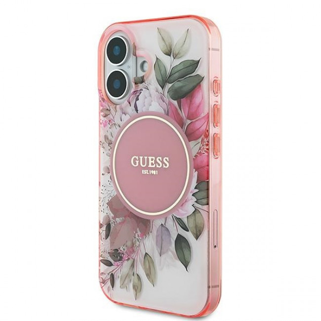 Guess iPhone 16 Plus - IML Flower and Tonal Circle - MagSafe Σκληρή Θήκη με Πλαίσιο Σιλικόνης - Pink - GUHMP16MHFWBDCEP