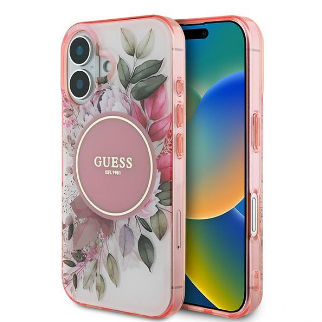 Guess iPhone 16 Plus - IML Flower and Tonal Circle - MagSafe Σκληρή Θήκη με Πλαίσιο Σιλικόνης - Pink - GUHMP16MHFWBDCEP