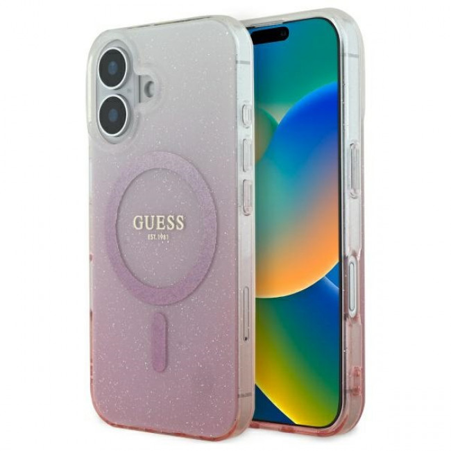 Guess iPhone 16 Plus - IML Glitter Gradient - Magsafe Σκληρή Θήκη με Πλαίσιο Σιλικόνης - Pink - GUHMP16MHGRCELP