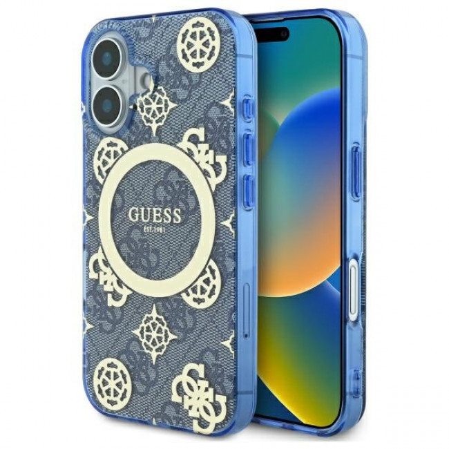 Guess iPhone 16 - IML Peony On 4G Background - MagSafe Θήκη με Επένδυση Συνθετικού Δέρματος - Blue - GUHMP16SH4PYEEB