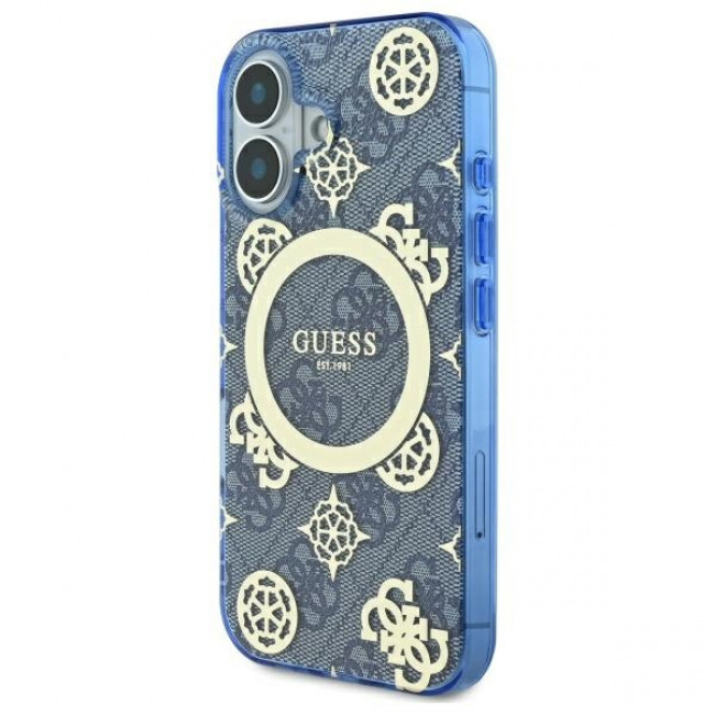 Guess iPhone 16 - IML Peony On 4G Background - MagSafe Θήκη με Επένδυση Συνθετικού Δέρματος - Blue - GUHMP16SH4PYEEB