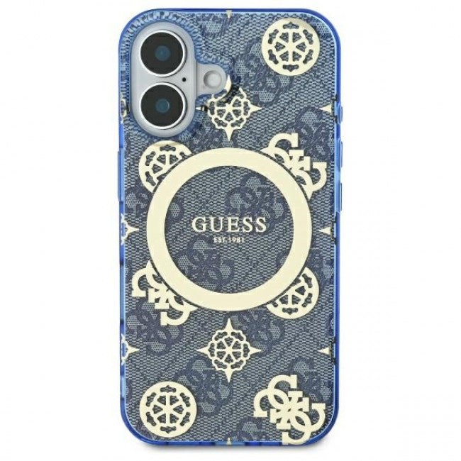 Guess iPhone 16 - IML Peony On 4G Background - MagSafe Θήκη με Επένδυση Συνθετικού Δέρματος - Blue - GUHMP16SH4PYEEB