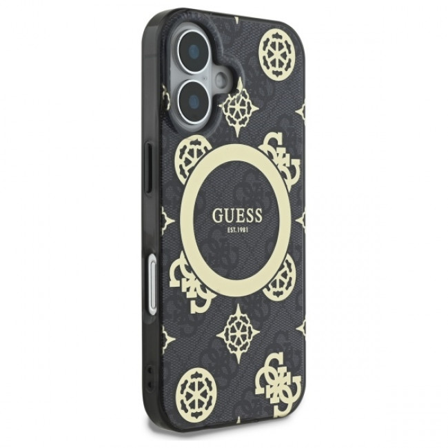 Guess iPhone 16 - IML Peony On 4G Background - MagSafe Θήκη με Επένδυση Συνθετικού Δέρματος - Black - GUHMP16SH4PYEEK