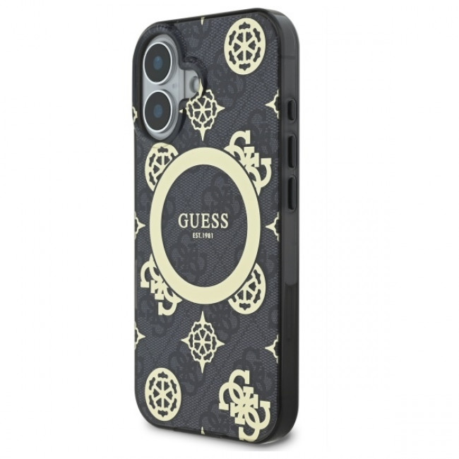 Guess iPhone 16 - IML Peony On 4G Background - MagSafe Θήκη με Επένδυση Συνθετικού Δέρματος - Black - GUHMP16SH4PYEEK