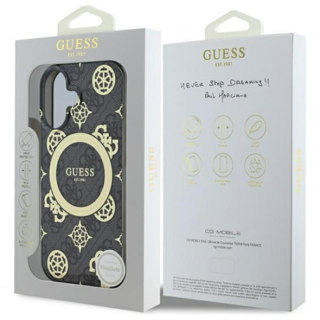 Guess iPhone 16 - IML Peony On 4G Background - MagSafe Θήκη με Επένδυση Συνθετικού Δέρματος - Black - GUHMP16SH4PYEEK