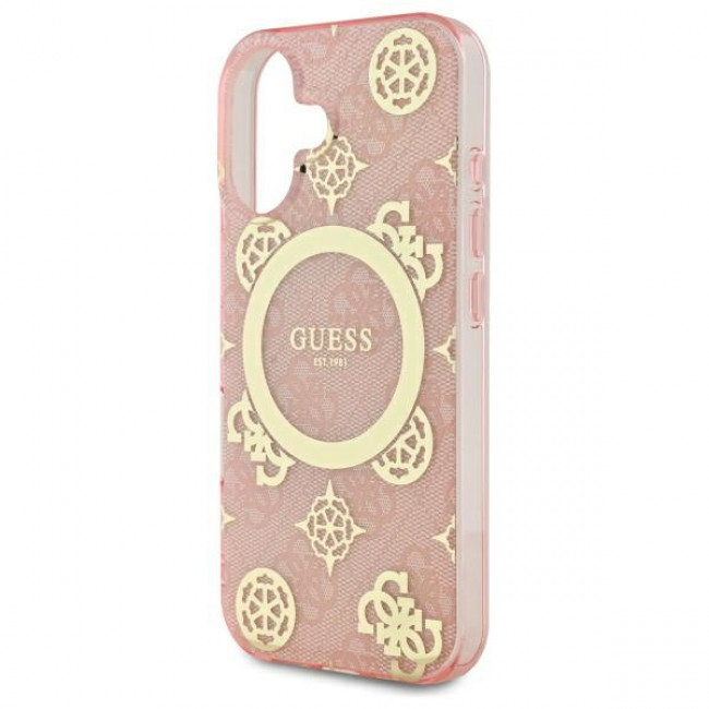 Guess iPhone 16 - IML Peony On 4G Background - MagSafe Θήκη με Επένδυση Συνθετικού Δέρματος - Pink - GUHMP16SH4PYEEP