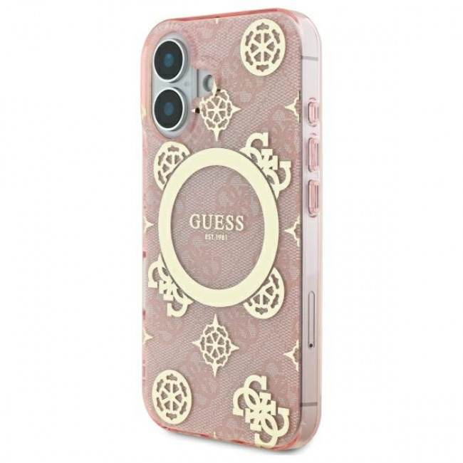 Guess iPhone 16 - IML Peony On 4G Background - MagSafe Θήκη με Επένδυση Συνθετικού Δέρματος - Pink - GUHMP16SH4PYEEP