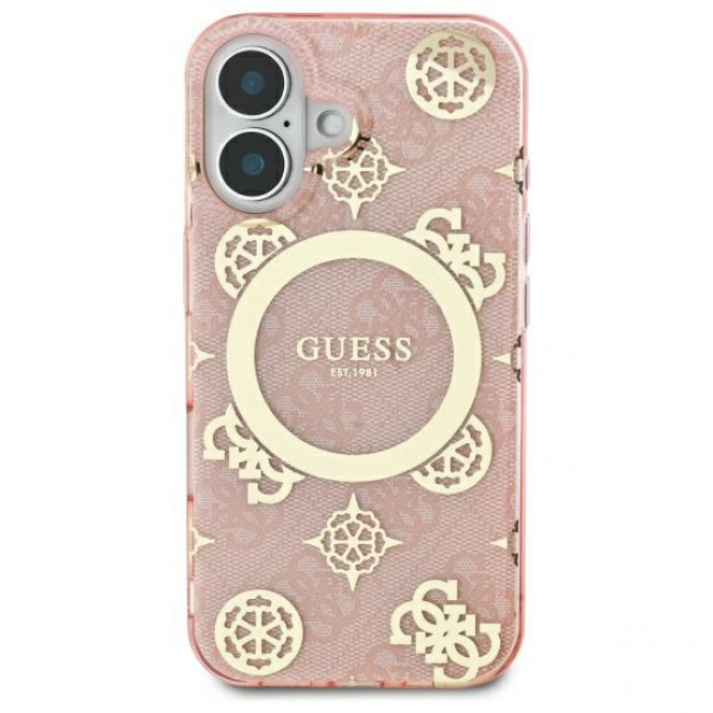 Guess iPhone 16 - IML Peony On 4G Background - MagSafe Θήκη με Επένδυση Συνθετικού Δέρματος - Pink - GUHMP16SH4PYEEP