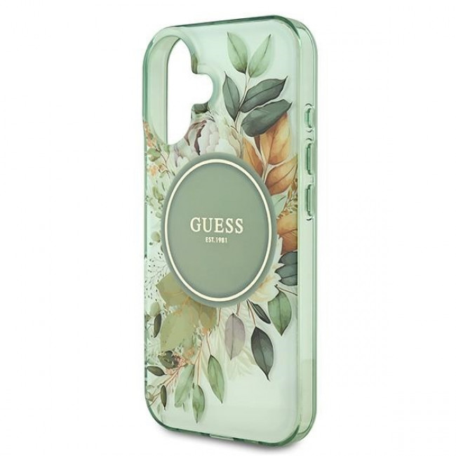 Guess iPhone 16 - IML Flower and Tonal Circle - MagSafe Σκληρή Θήκη με Πλαίσιο Σιλικόνης - Green - GUHMP16SHFWBDCEN