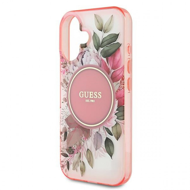 Guess iPhone 16 - IML Flower and Tonal Circle - MagSafe Σκληρή Θήκη με Πλαίσιο Σιλικόνης - Pink - GUHMP16SHFWBDCEP