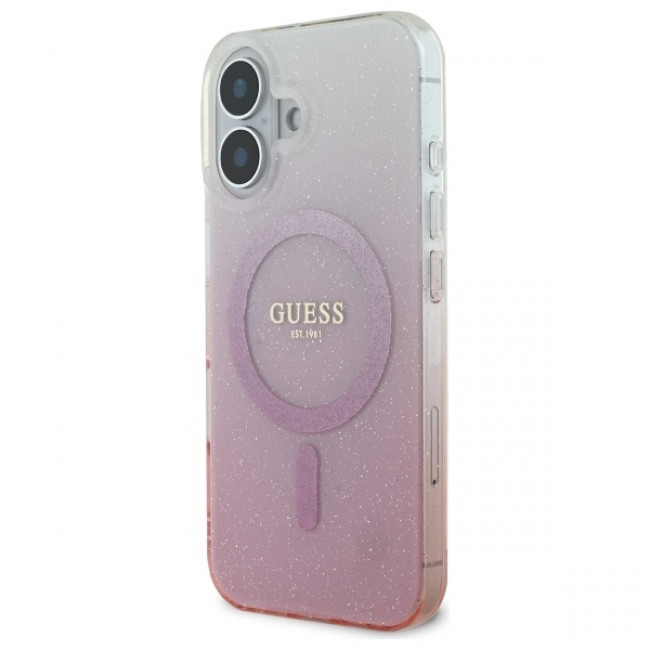 Guess iPhone 16 - IML Glitter Gradient - Magsafe Σκληρή Θήκη με Πλαίσιο Σιλικόνης - Pink - GUHMP16SHGRCELP