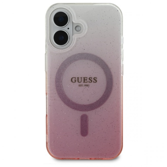 Guess iPhone 16 - IML Glitter Gradient - Magsafe Σκληρή Θήκη με Πλαίσιο Σιλικόνης - Pink - GUHMP16SHGRCELP