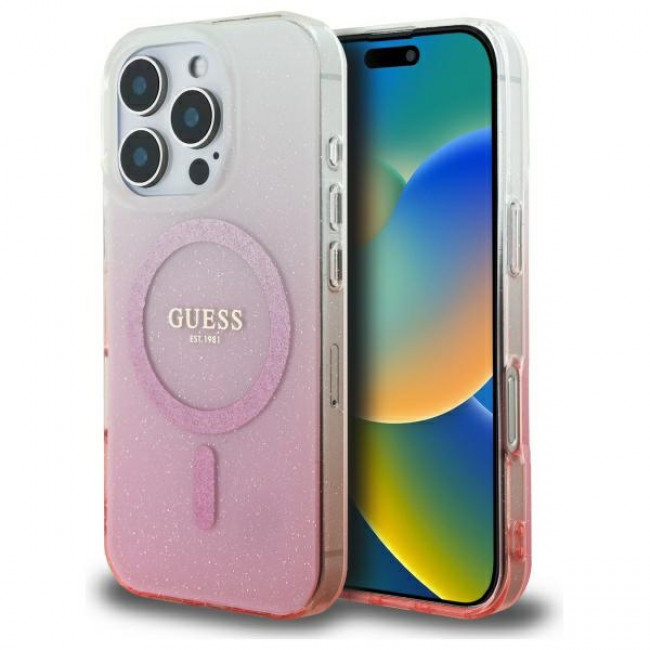 Guess iPhone 16 Pro Max - IML Glitter Gradient - Magsafe Σκληρή Θήκη με Πλαίσιο Σιλικόνης - Pink - GUHMP16XHGRCELP