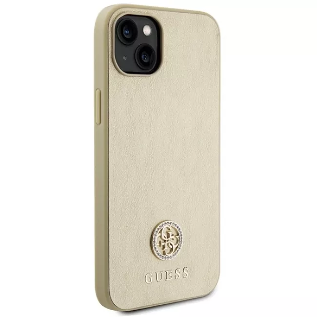 Guess iPhone 15 Plus 4G Strass Metal Logo Θήκη με Επένδυση Συνθετικού Δέρματος - Gold - GUHCP15MPS4DGPD