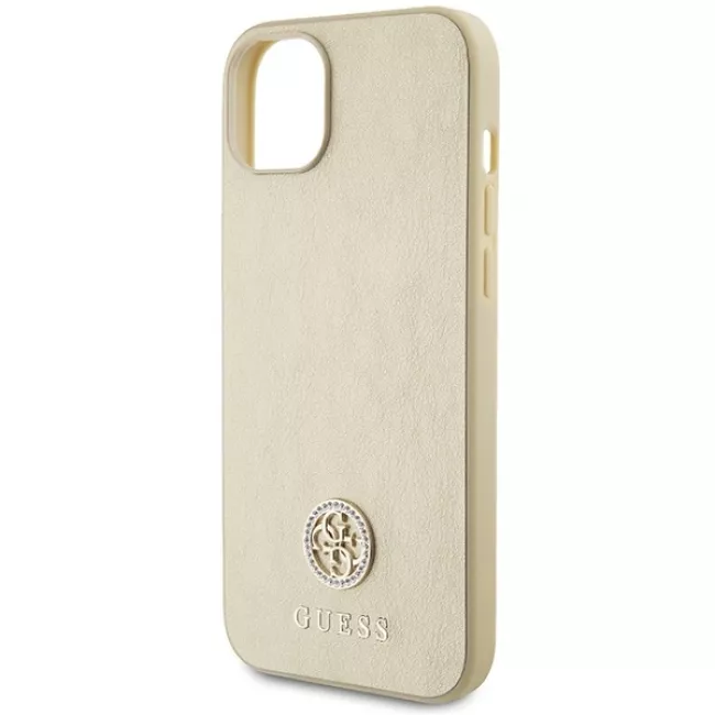 Guess iPhone 15 Plus 4G Strass Metal Logo Θήκη με Επένδυση Συνθετικού Δέρματος - Gold - GUHCP15MPS4DGPD