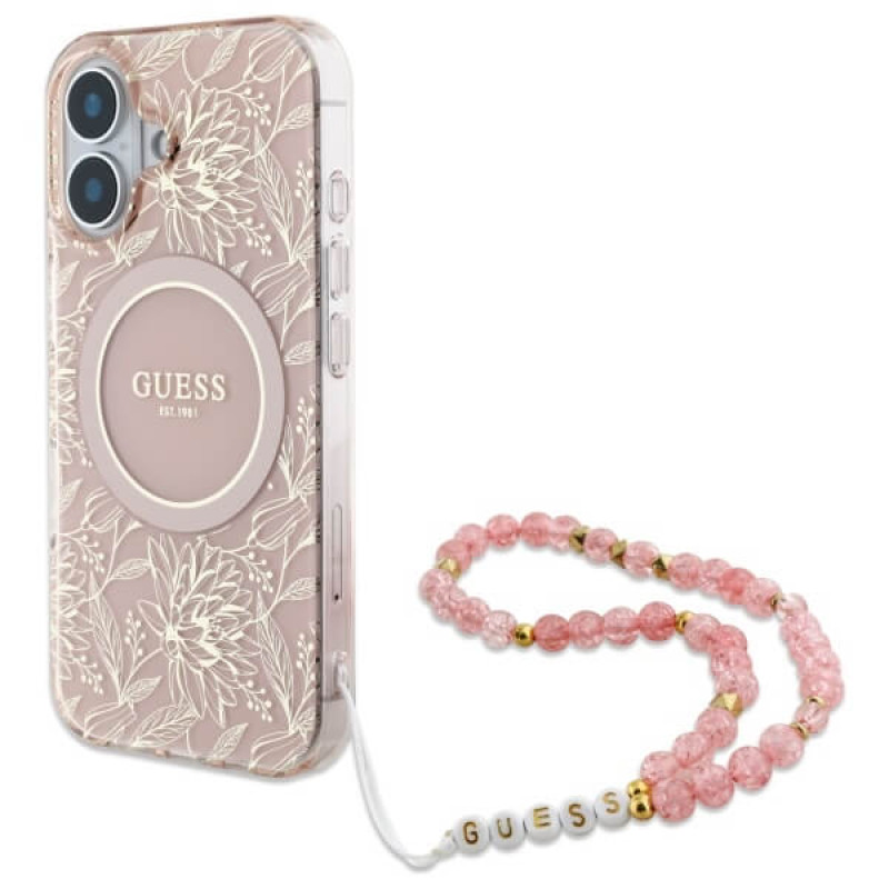 Guess iPhone 16 Plus - IML Flowers Allover Electro With Pearl Strap MagSafe - Σκληρή Θήκη με Πλαίσιο Σιλικόνης και Λουράκι - White / Pink - GUHMP16MHCPOFPP