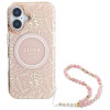 Guess iPhone 16 Plus - IML Flowers Allover Electro With Pearl Strap MagSafe - Σκληρή Θήκη με Πλαίσιο Σιλικόνης και Λουράκι - White / Pink - GUHMP16MHCPOFPP