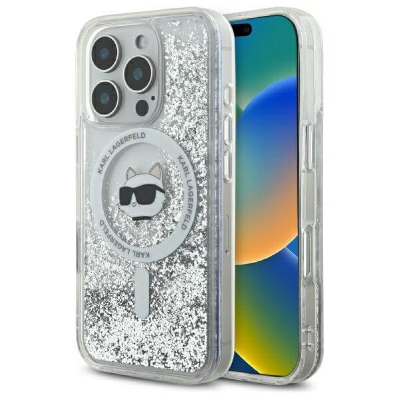 Karl Lagerfeld iPhone 16 Pro - Liquid Glitter Choupette Head - MagSafe Σκληρή Θήκη με Πλαίσιο Σιλικόνης - Διάφανη - KLHMP16LLGCHSGH