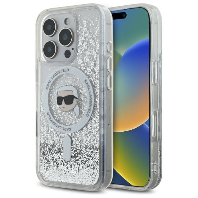 Karl Lagerfeld iPhone 16 Pro - Liquid Glitter Karl Head MagSafe Σκληρή Θήκη με Πλαίσιο Σιλικόνης - Διάφανη - KLHMP16LLGKISGH