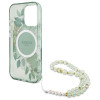 Guess iPhone 16 Pro - IML Flowers With Pearl Strap MagSafe - Σκληρή Θήκη με Πλαίσιο Σιλικόνης και Λουράκι - Green - GUHMP16LHFWBRCESN