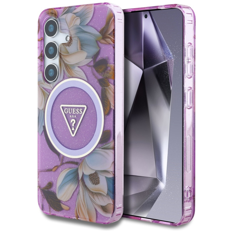 Guess Samsung Galaxy S25 - Glitter Flowers Triangle Buttons MagSafe - Σκληρή Θήκη με Πλαίσιο Σιλικόνης - Purple - GUHMS25SHFLPEDU