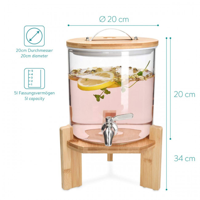 Navaris Glass Beverage Drink Dispenser Γυάλινος Διανεμητής Ποτού με Ξύλινη Βάση - 5L - Clear - 46785.02