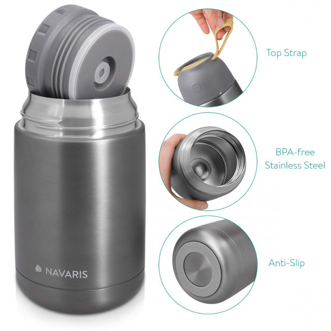 Navaris Vacuum Insulated Food Jar Θερμός από Ανοξείδωτο Ατσάλι με Καπάκι-Δοχείο Για Φαγητό - 650ml - Dark Gray - 47325.2.19