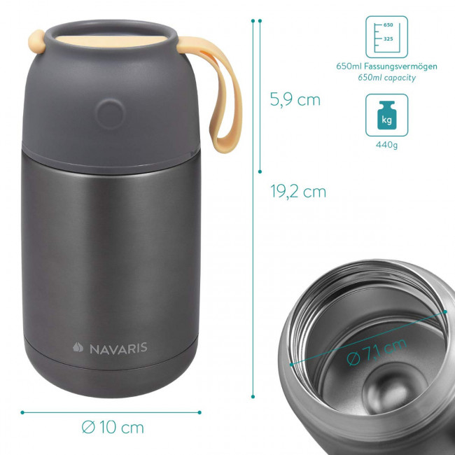 Navaris Vacuum Insulated Food Jar Θερμός από Ανοξείδωτο Ατσάλι με Καπάκι-Δοχείο Για Φαγητό - 650ml - Dark Gray - 47325.2.19